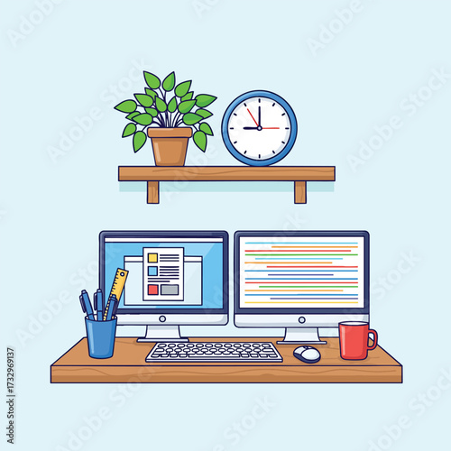 A modern home office workspace with a dual monitor computer setup plant and clock on a shelf.