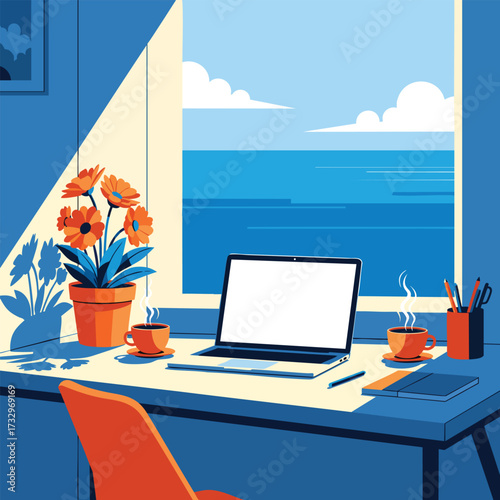 A serene home office workspace with a laptop overlooking a beautiful blue ocean view from a large window.