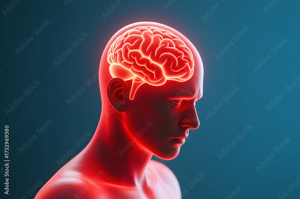 Obraz premium Human head with glowing brain, symbolizing thought, intelligence, pain, or neurological activity. Medical, scientific, AI, and mental health concept.