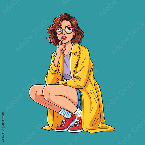 A thoughtful young woman in a yellow coat and glasses crouching in contemplation.