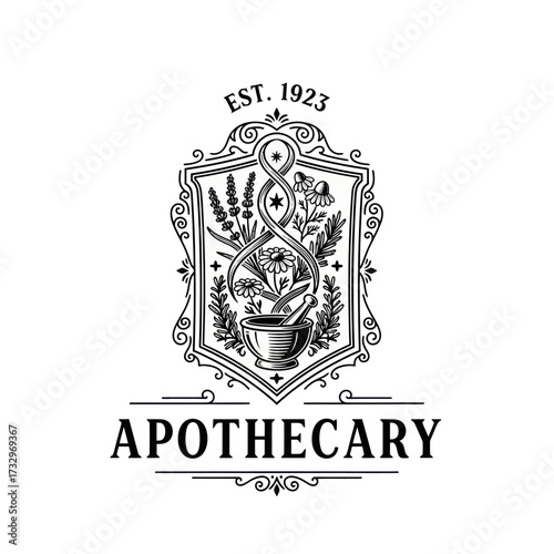 Vintage apothecary logo featuring a mortar and pestle with herbs and a caduceus symbol, established in 1923.