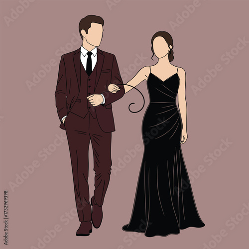 An elegant faceless illustrated couple walking arm in arm in formal evening attire.