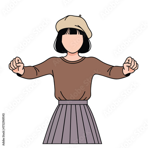 Cartoon illustration of a faceless young woman in a beret and pleated skirt with outstretched arms.
