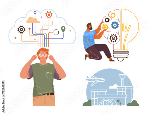 Man strategizing with cloud connections, person fixing cogs in light bulb, and airport terminal. Ideal for innovation, teamwork, creativity, technology, problem-solving, planning inspiration