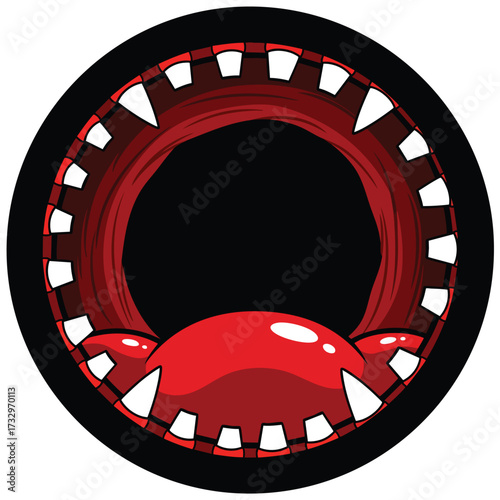 Cartoon monster mouth wide open with sharp white fangs and a red tongue.