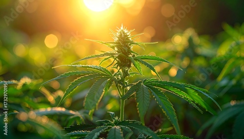 A cannabis plant in a field at sunset