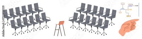 Rows of empty office chairs face a single stool with a flowchart and pointing hand symbolizing leadership, individuality, decision-making, and focus. Ideal for teamwork, leadership, contrast