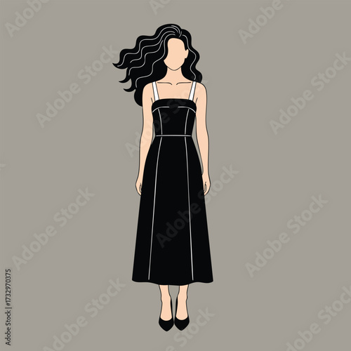 Elegant faceless woman with long wavy black hair wearing a stylish black midi dress.
