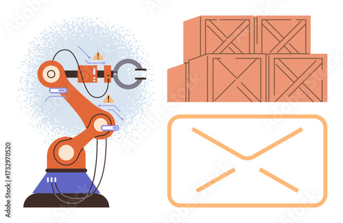 Factory robotic arm managing logistics with alerts, stacked wooden crates, and envelope icon for notifications. Ideal for automation, logistics, robotics, technology, efficiency, machinery workflow