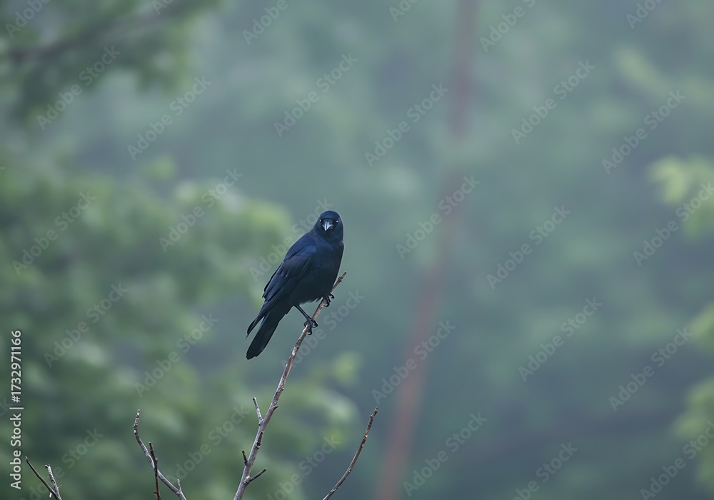 Fototapeta premium Solitary Black Bird Perched on a Branch in the Fog. Generative Ai