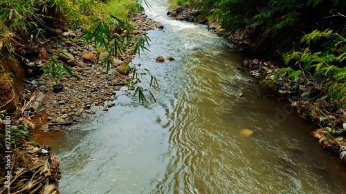 Dynamic river flows through a polluted landscape, showing environmental impact, ecological damage, and water contamination issues in a natural setting