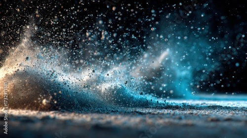 Spectacular splash effect with vibrant turquoise and golden powder explosion
