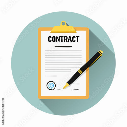 Illustration of a signed contract with a black pen resting on it, symbolizing agreement or commitment in business.