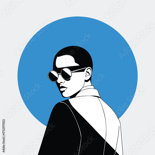 Stylish graphic illustration of a person with a shaved head and sunglasses looking over their shoulder.