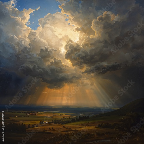 Sunlight Rays Breaking Through Dark Storm Clouds Over Wide Valley in Romantic Old Master Oil Painting Style
