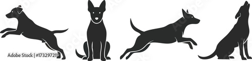 Four black dog silhouettes in different poses: jumping, sitting, and howling.