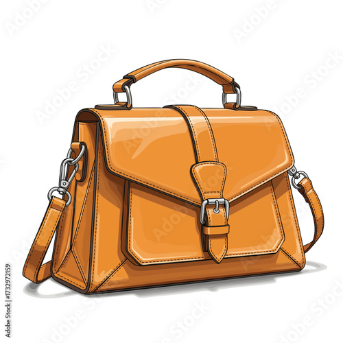 Stylish tan leather satchel handbag illustration with a top handle shoulder strap and buckle.