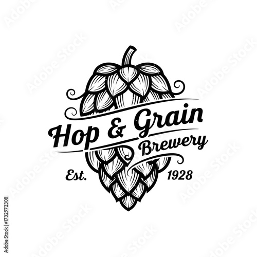 Black and white logo of Hop & Grain Brewery, featuring a hop cone and text.