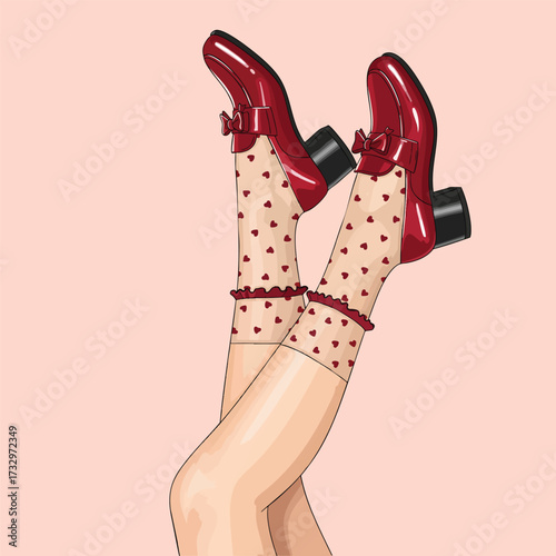Stylish womans legs in the air wearing shiny red Mary Jane shoes and sheer heartpatterned socks.