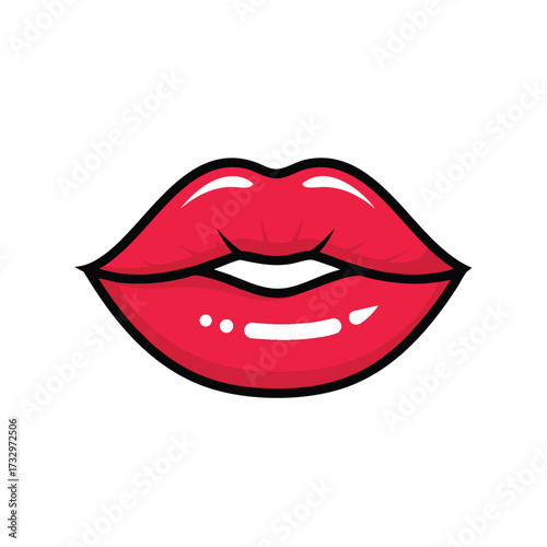 Stylized pop art illustration of shiny plump red lips with a bold black outline.