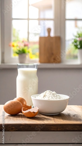 Wallpaper Mural Kitchen ingredients on a wooden table near a window Torontodigital.ca