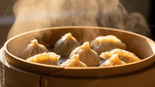 Steaming dumplings in a bamboo steamer basket culinary delight preparation