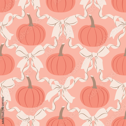 Pumpkins with pink bows seamless pattern. Halloween vegetable design retro style. Fall harvest season repeatable and printable background