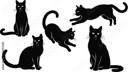 Five black cat silhouettes in various poses: sitting, stretching, leaping, and standing.