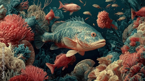 Vibrant underwater ecosystem with colorful coral and diverse fish species swimming