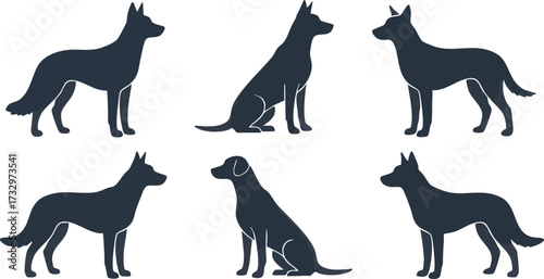 Six dog silhouettes are arranged on a white background, some standing and some sitting.