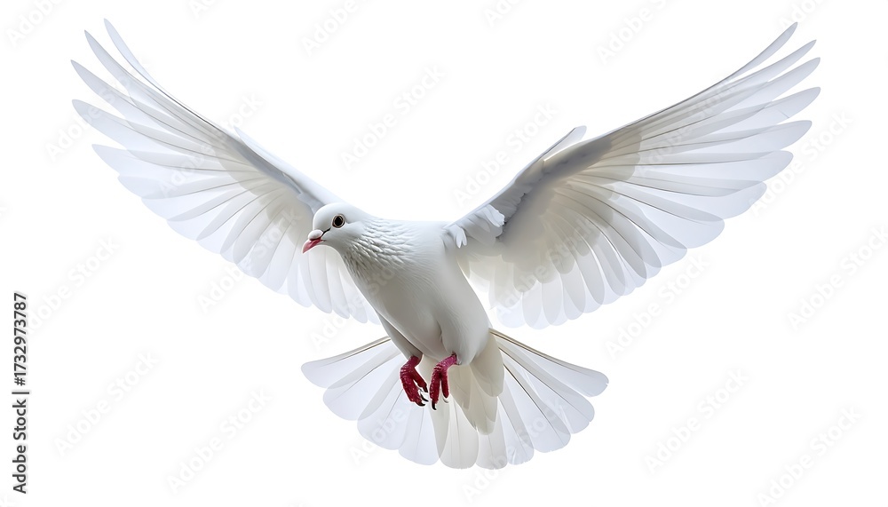 Obraz premium A pristine white bird with fully outstretched wings, in mid-flight against a clean white backdrop, showcasing graceful movement