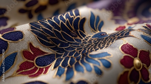 Detailed Macro Shot of an Intricate Patterned Fabric with Bird and Floral Design