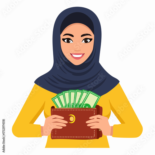 Illustration of a person holding a wallet with cash, symbolizing personal finance management and financial stability.