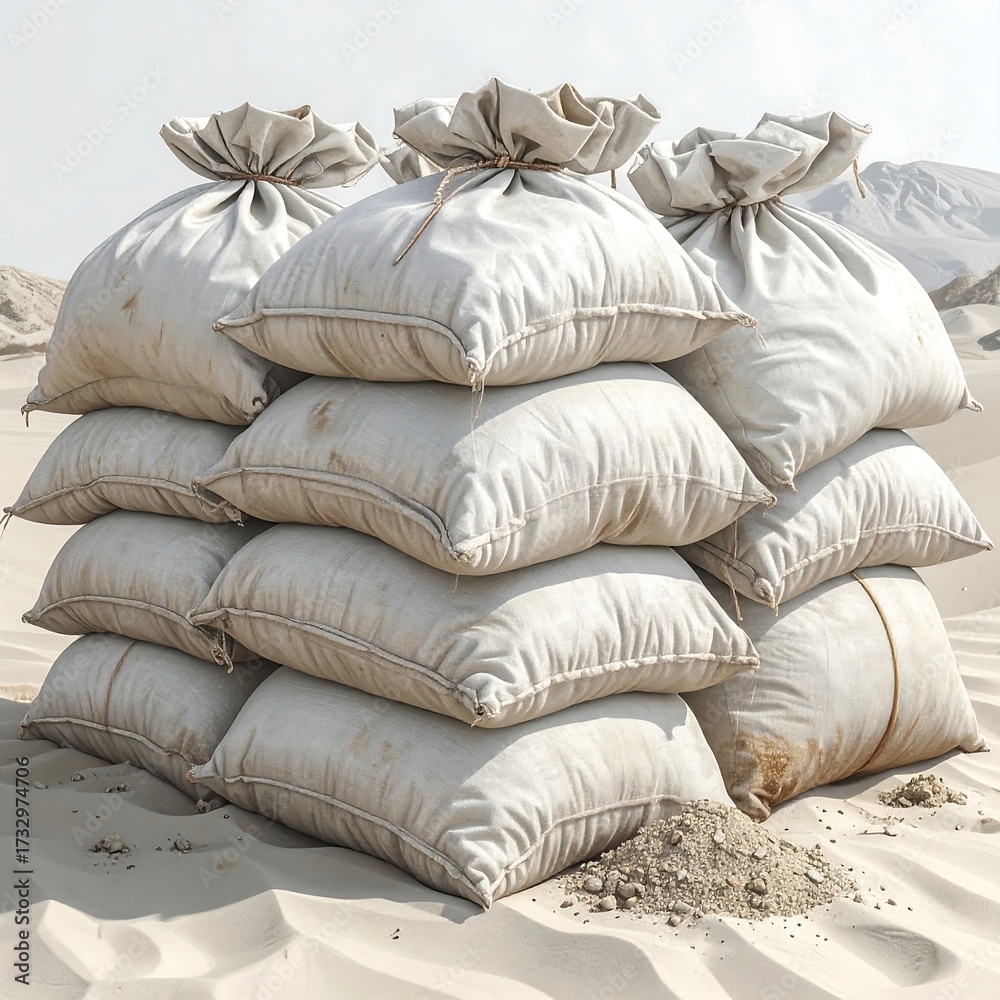 Obraz premium Stack of large sacks on sandy terrain