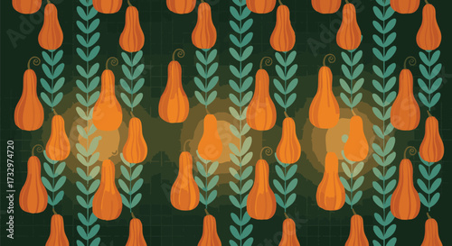 Seamless autumn harvest pattern featuring stylized orange butternut squash and green vines on a dark, moody background