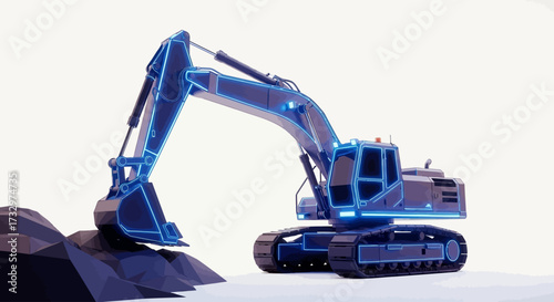 A futuristic, glowing blue excavator scoops up material from a pile.