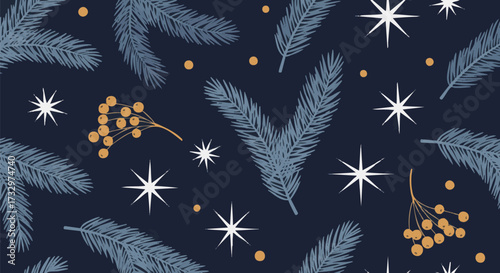 Festive seamless pattern with Christmas elements: blue pine branches, white stars, and gold rowan berries on a dark background