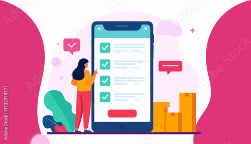 Illustration of a woman completing tasks on a mobile app checklist with delivery boxes nearby.