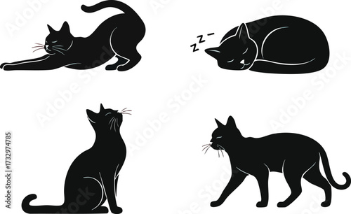 Four black cat silhouettes in various poses, including stretching, sleeping, and walking.