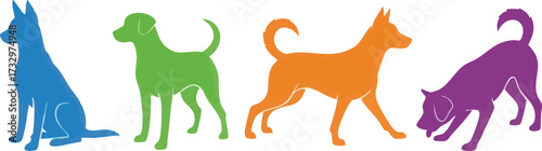 Four colorful dog silhouettes in different poses, representing various activities.