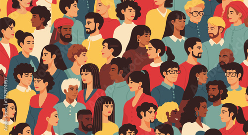Seamless pattern illustration featuring a diverse crowd of faces representing various races, genders, and backgrounds