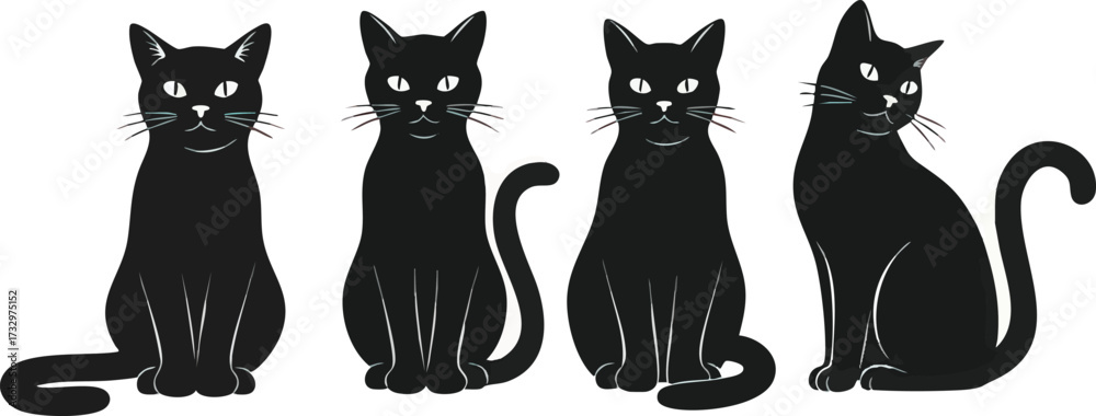 Obraz premium Four stylized black cats in various sitting poses, with whiskers and tails.