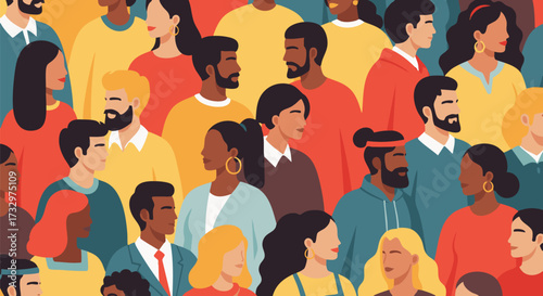 A vibrant illustration of a diverse, multi-ethnic crowd, depicting men and women in a modern, flat design