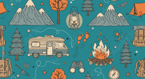 Vibrant hand-drawn seamless pattern featuring camping equipment, including an RV, bonfire, mountains, trees, backpacks, and vintage adventure gear for outdoor travel concepts