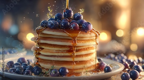 Blueberry pancakes stacked with syrup