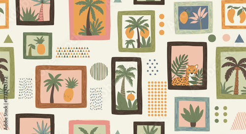 Seamless, vibrant tropical pattern featuring framed illustrations of palm trees, leopards, and fruits like pineapples and mangoes