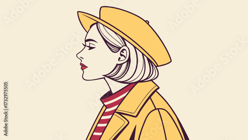 Yellow beret fashion illustration woman portrait stylish outfit vintage art design vector graphic image