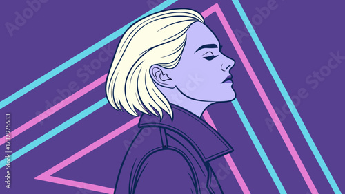 Portrait of a woman with blonde hair and jacket in retro style with geometric background graphic design