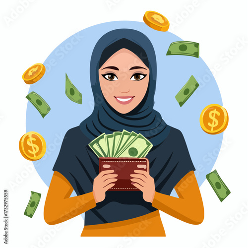 Illustration of a person holding a wallet with cash, symbolizing personal finance management and financial stability.