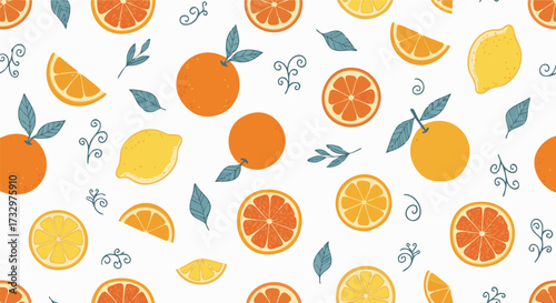 Seamless hand-drawn vector pattern featuring juicy citrus fruits like oranges, lemons, and grapefruit slices